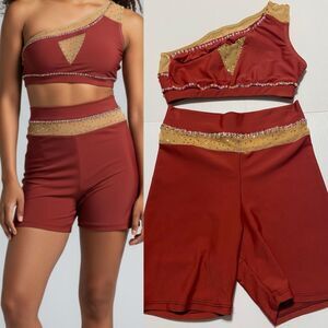 Patrick J designs dance costume solo orange illusion 2 piece top bike shorts XSA
